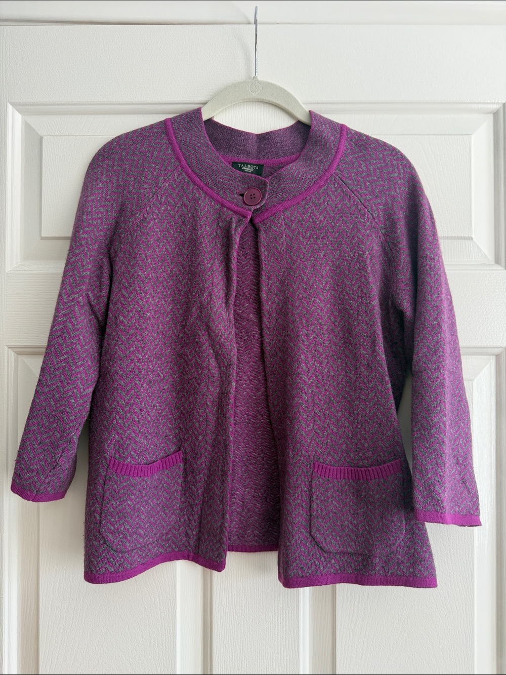 Talbots Magenta and Gray Herringbone Knit Cardigan